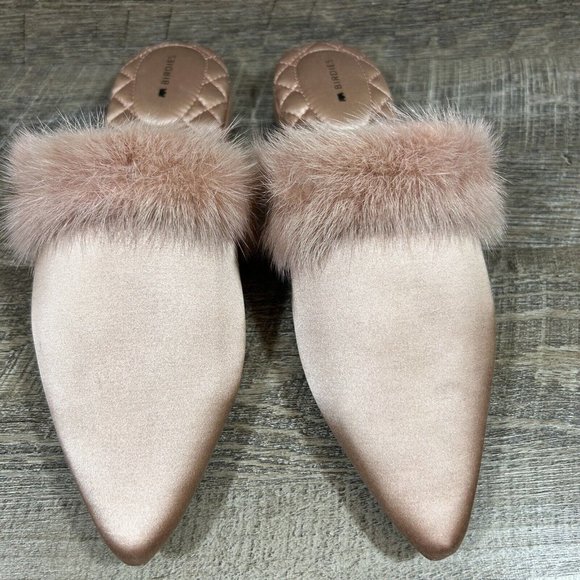 Birdies The Dove Fur Cuff Slip On Slide Slipper French Rose Mules Flats Size 6.5 - Picture 2 of 11
